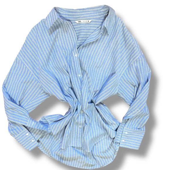 Zara Light Blue White Oversized Boxy Pinstriped Button Up Shirt – Large - Picture 1 of 7